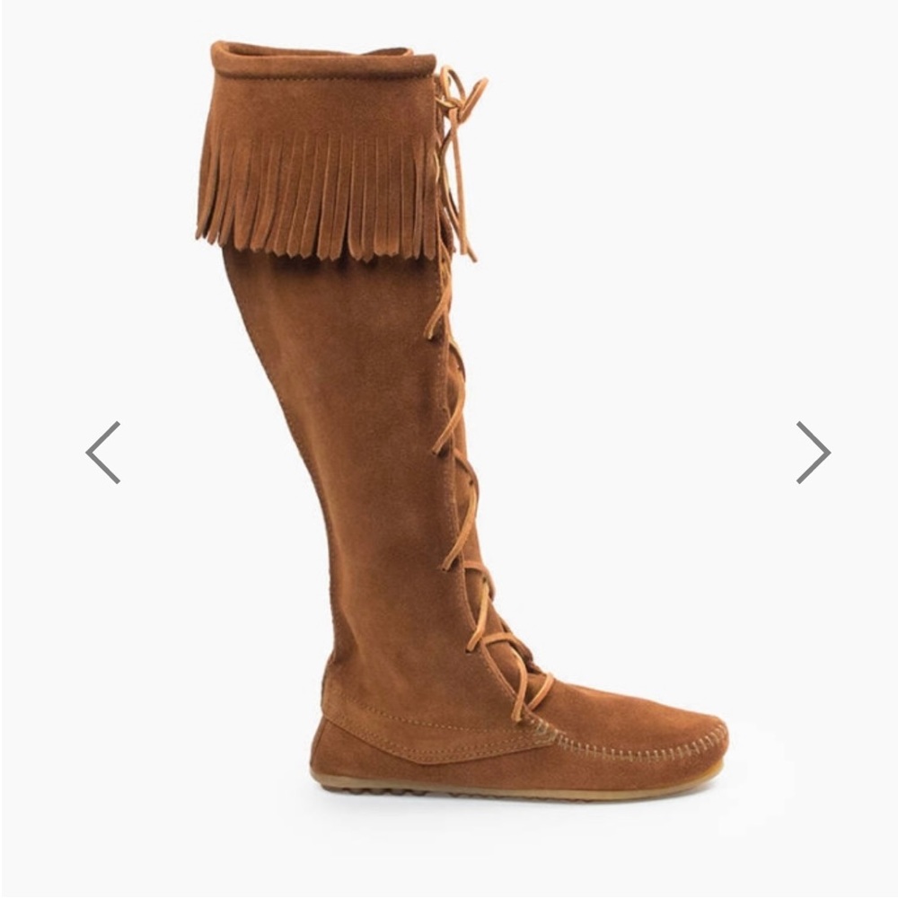 Minnetonka brown lace up fringe knee high boots